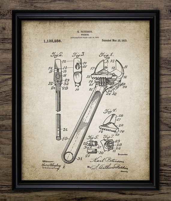 Vintage Wrench Patent Print 1915 Wrench Design DIY Tool