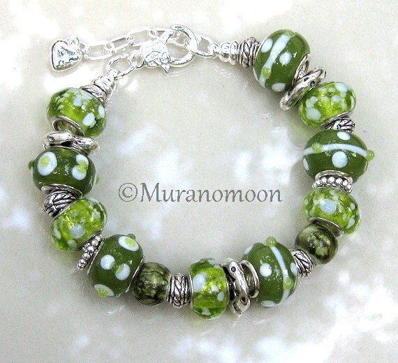 Items similar to European Bracelet Olive Green White Glass Bead Flower