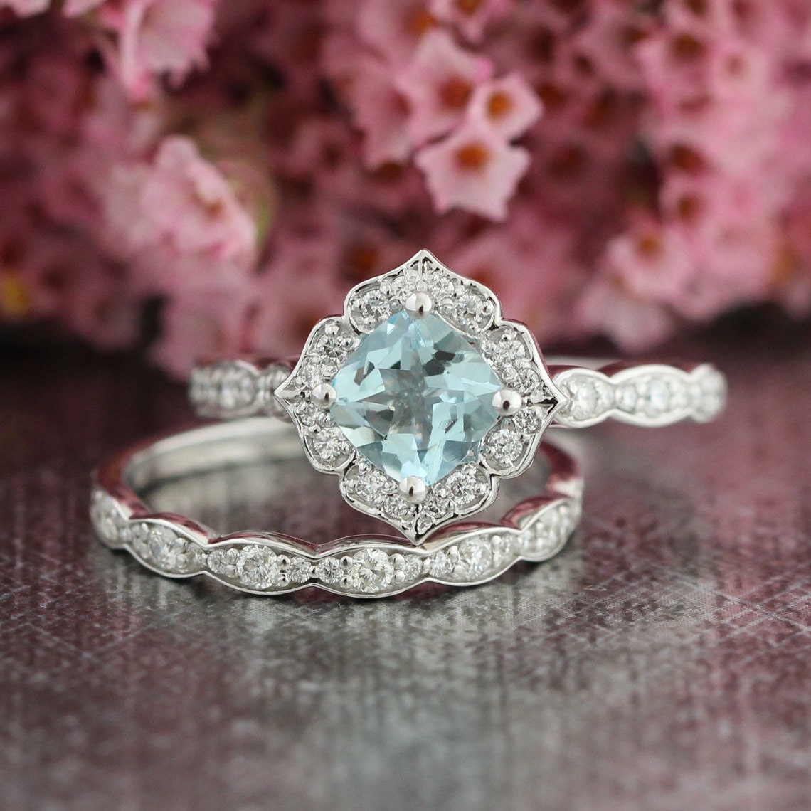 Mini Vintage Floral Aquamarine Engagement Ring and Scalloped