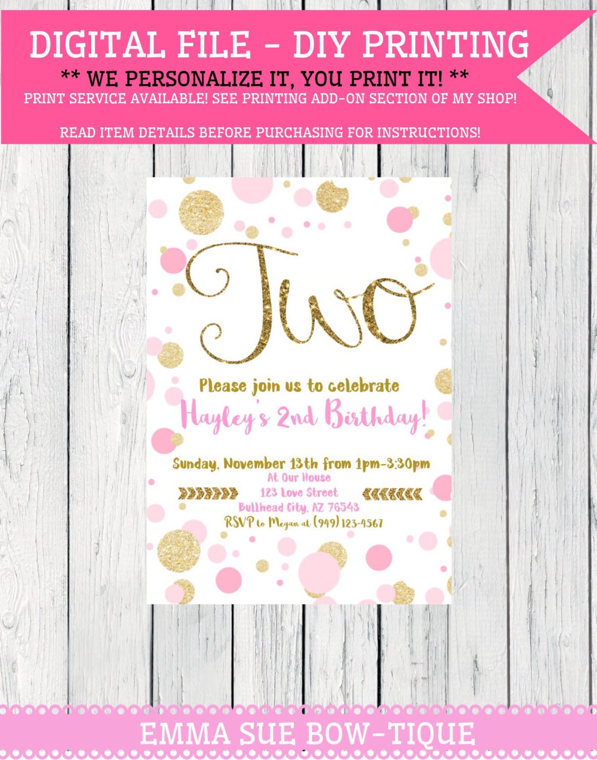 Pink & Gold Polka Dot birthday invitation Any Age Birthday