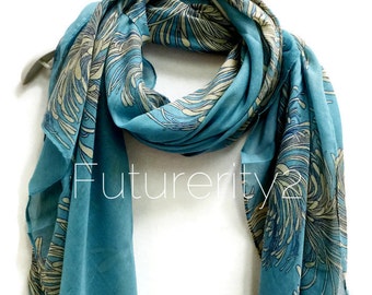Chrysanthemum Flower Teal Blue Scarf / Spring Summer Scarf / Autumn Scarf / Gifts For Her / Women Scarves / Accessories / Handmade