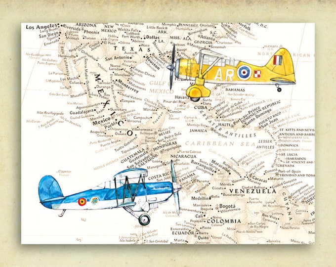 Vintage airplane Map decor Mexico Venezuela map prints Vintage aircraft Watercolor Boys art Aviation art Baby boy nursery wall art