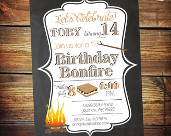 Bonfire Birthday Invitation, Bonfire Invitatino, Bonfire Invite, Backyard Birthday Invitation, Camp Out Invitations, Chalkboard, Smores
