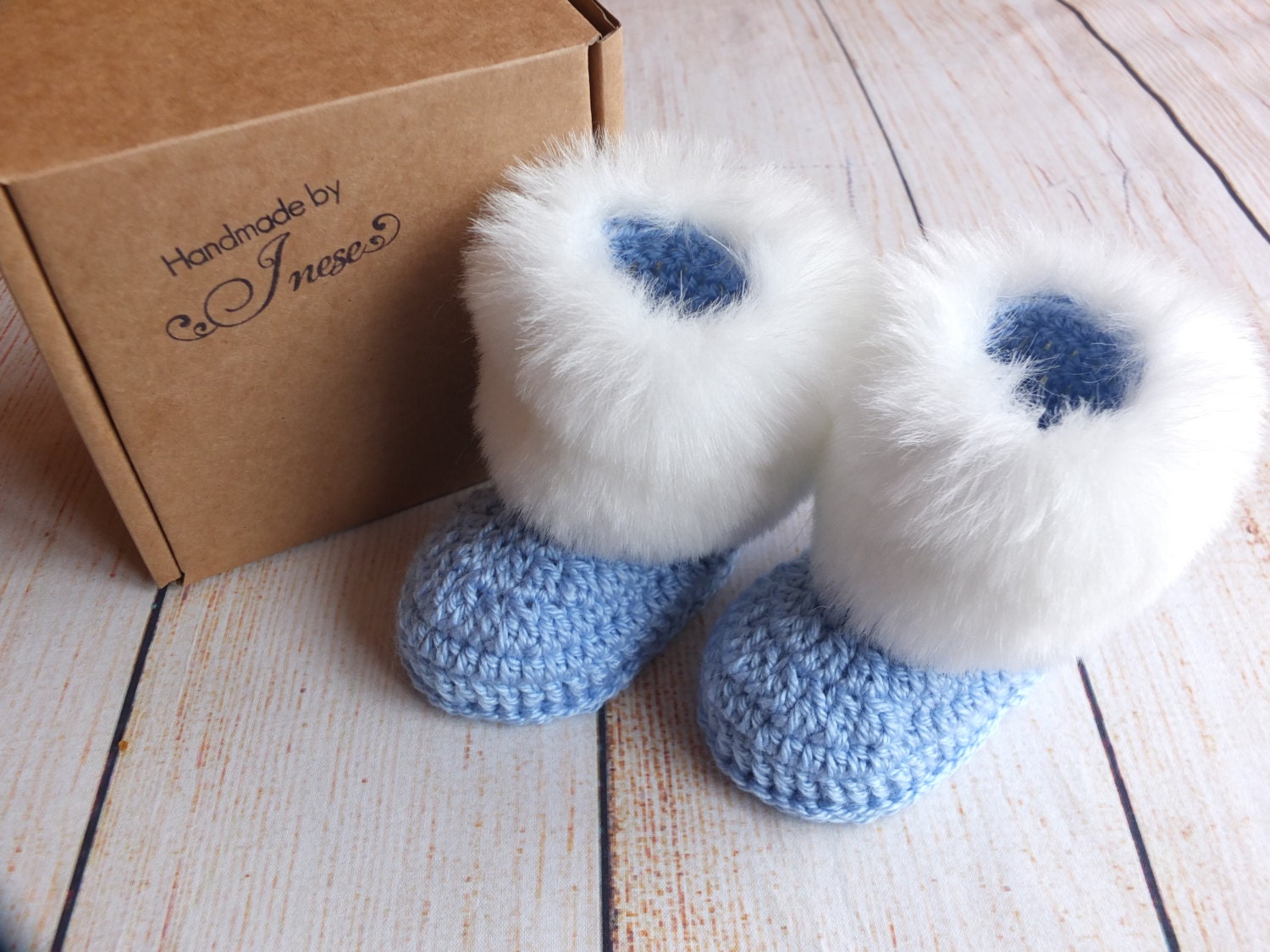 Baby boy booties with white fur trim Faux fur by HandmadebyInese