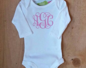 White Cotton Infant Bodysuit with Pink Vinyl Monogram for Baby Girl