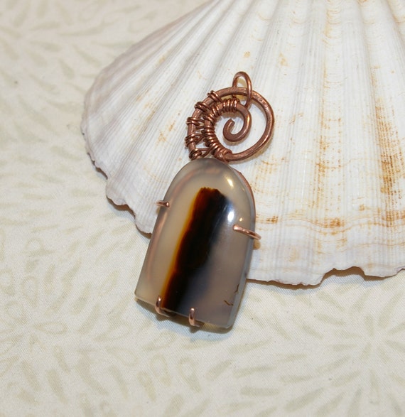 Brown Montana Agate Stone Pendant Prong Set Copper Wire