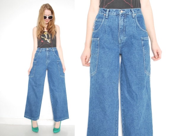 vintage 90s jeans denim wide leg high waisted waist raver