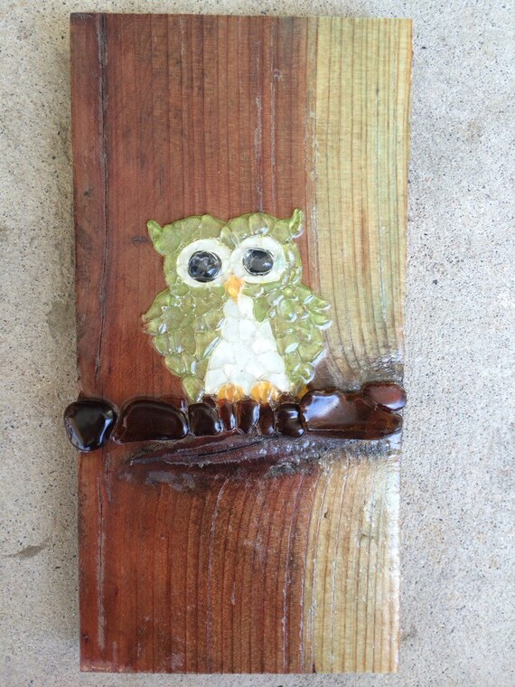 Sea Glass owl art owl wall hanging art sea glass mosaic by SignsOf