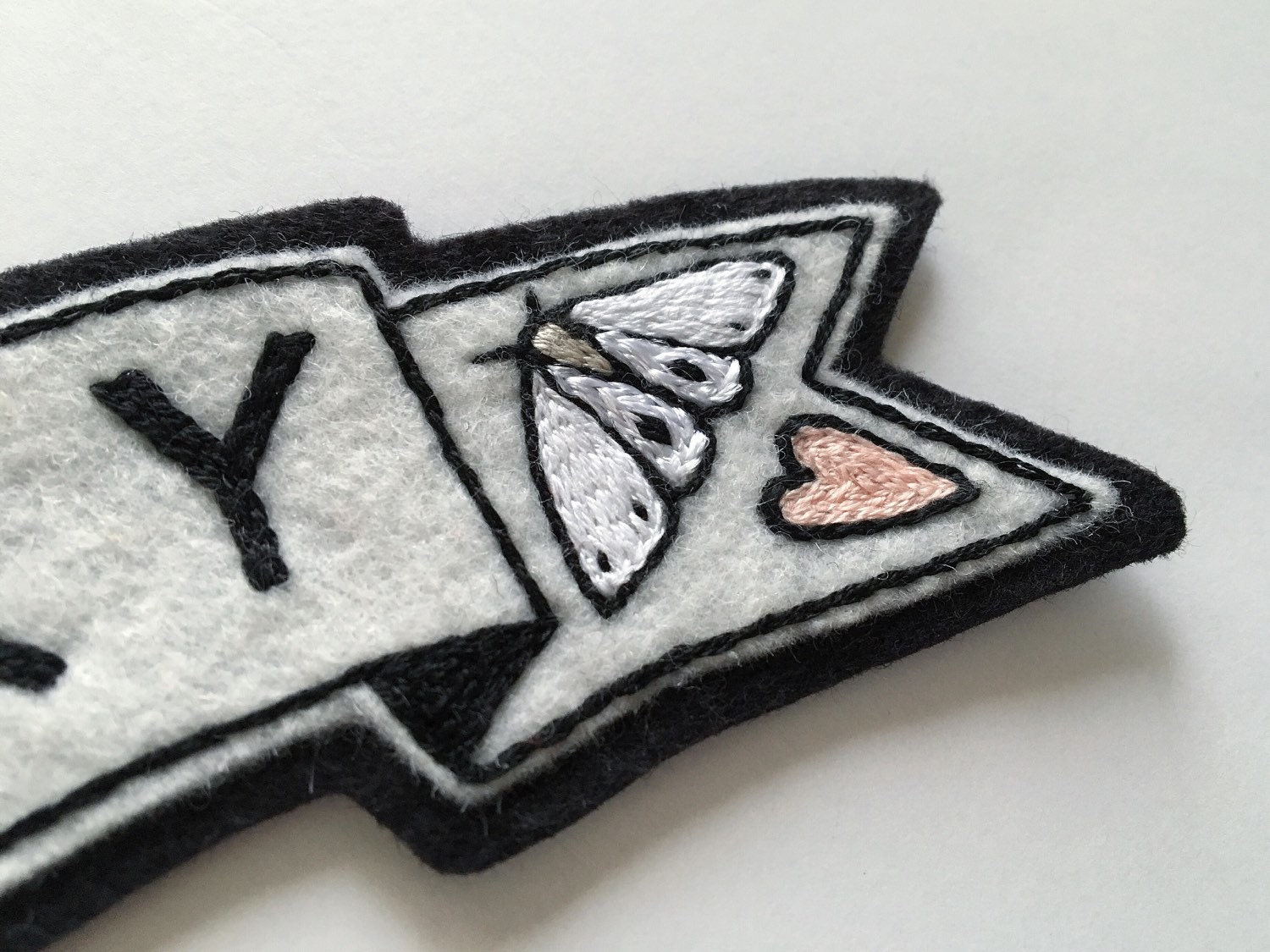 Hand Embroidered Patch Lucky White Moth & Heart Banner. Wool