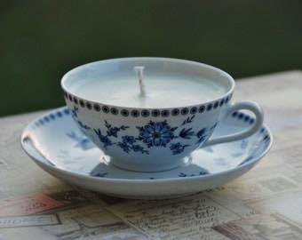 Bavaria, Germany Seltmann Weiden Doris Bavarian Blue tea cup with soy candle in English Garden scent