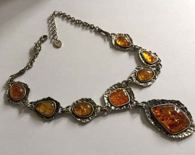 Vintage Artisan Baltic Amber and Sterling Silver Necklace with Eight Amber Cabochons-OOAK