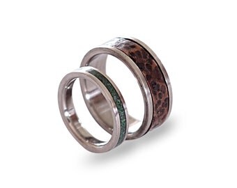 Titanium Wedding Band Set, Patina Copper Ring, Titanium Ring with Malachite Inlay, Engagement Rings, His and Hers, Womens Ring, Mens Ring