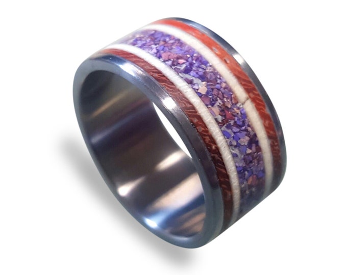 Titanium mens ring with Padouk wood and Amethyst and Deer Antler inlays