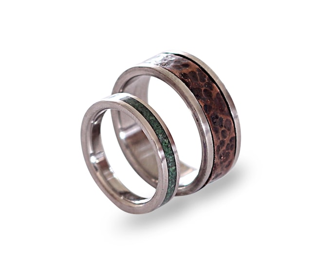 Titanium Wedding Band Set, Patina Copper Ring, Titanium Ring with Malachite Inlay