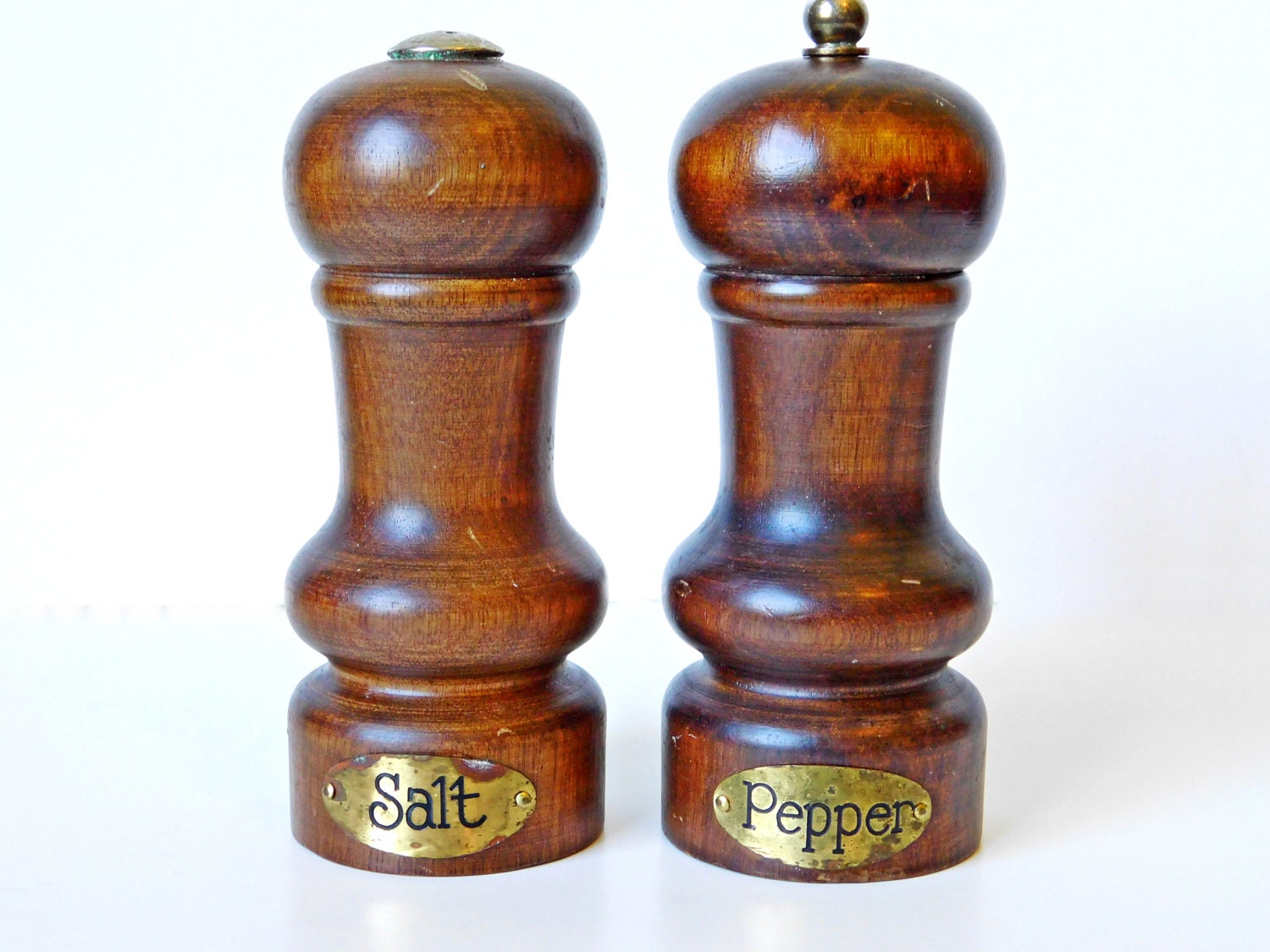 Small Salt and Pepper Set Brass Labels Solid Wood Pepper