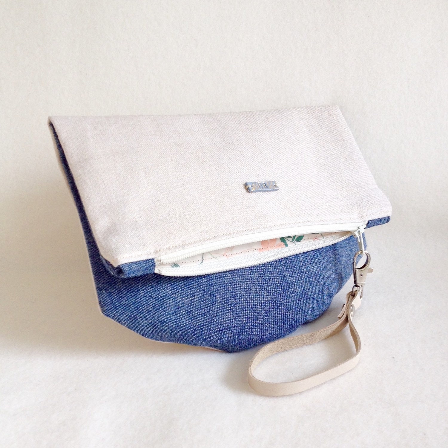 Fold over pouch denim clutch zipper pouch simple linen