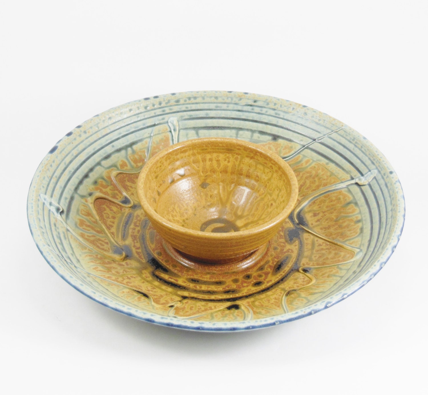 Chip and Dip Bowls 2 Pieces Ceramic Platter Blue Bowl