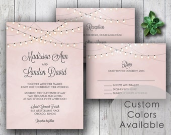 Printable Wedding Invitation PDF Set or Pick & Choose - String Lights Rustic Invite (Blush Pink OR Choose Your Colors!)