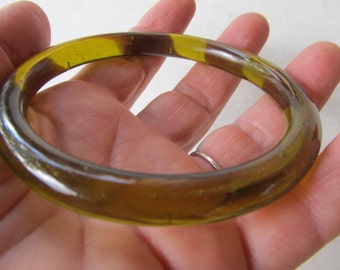 Vintage Olive Green Glass Bangle Larger Wrist 2 5/8