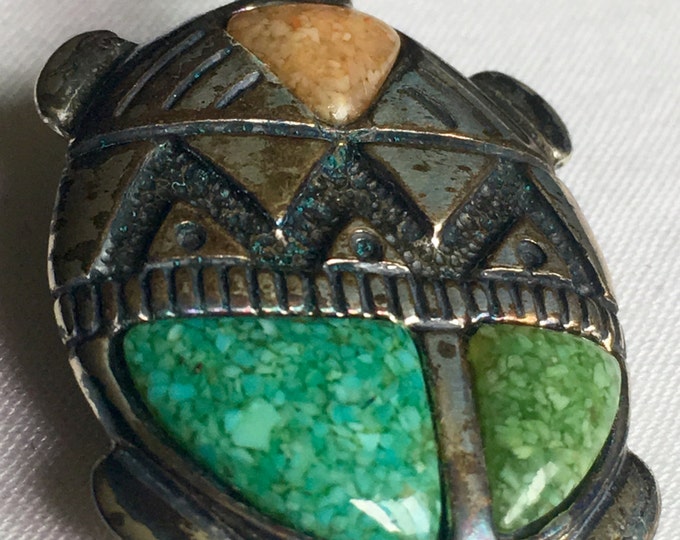 Storewide 25% Off SALE Vintage Sterling Silver Southwestern Inspired Turquoise Turtle Lapel Brooch Featuring Highly Detailed Design Finish