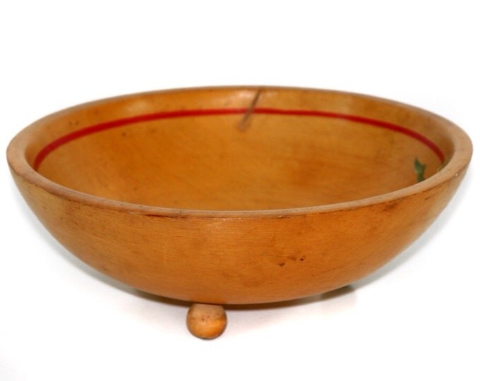 Storewide 25% Off SALE Large Vintage Solid Wood Oden Footed Dry Serving Bowl Featuring Hand Painted Fresh Fruit Design Accents