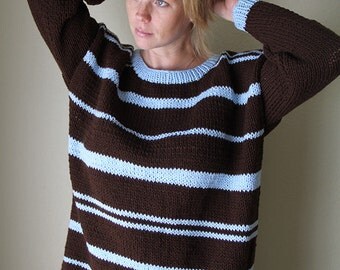 Brown blue sweater. Hand knitted oversized chunky sweater.
