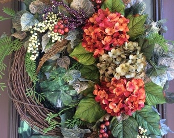 Autumn Wreath, Fall Wreath, Hydrangea Wreath, Grapevine Wreath, Door Wreath