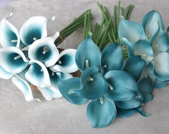 10 Picasso Teal Blue Teal Edge Calla Lilies Real Touch Flowers For Silk Wedding Bouquets, Centerpieces, Wedding Decorations