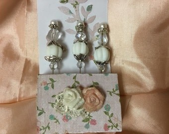 3" decorative stick pins. 3 pack. White glass beads.