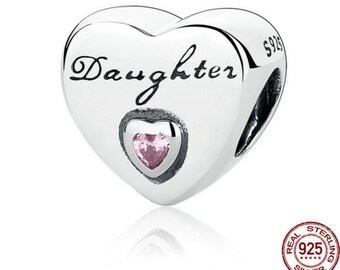 925 Sterling Silver Daughter's Love, Pink CZ HEART Charm fit Pandora Bracelet ,Pandora Charm, First Anniversary Gift for Her