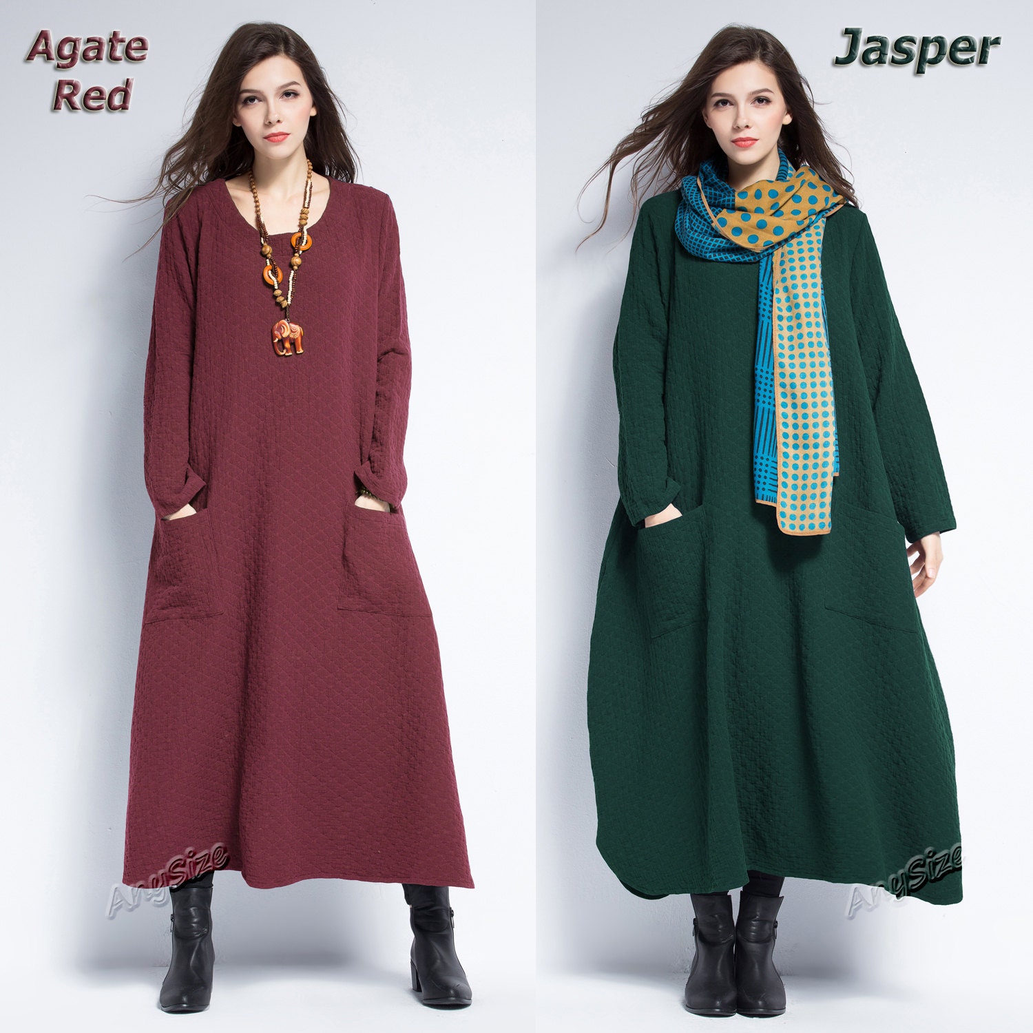 Anysize sides slit jacquard thick linen&cotton Winter dress