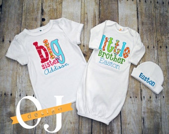 Big Sister Little Brother Personalized Baby Boy Newborn Gift Set- Name Boy Aqua Orange Infant Gown and Hat Big Sister Shirt Bright Color