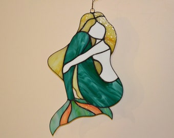 Mermaid Stained Glass Panel Large Window Wall Decor Art Gift Living Room Bedroom Nursery Suncatcher Idea Coastal Hanging Beach Ocean Artwork