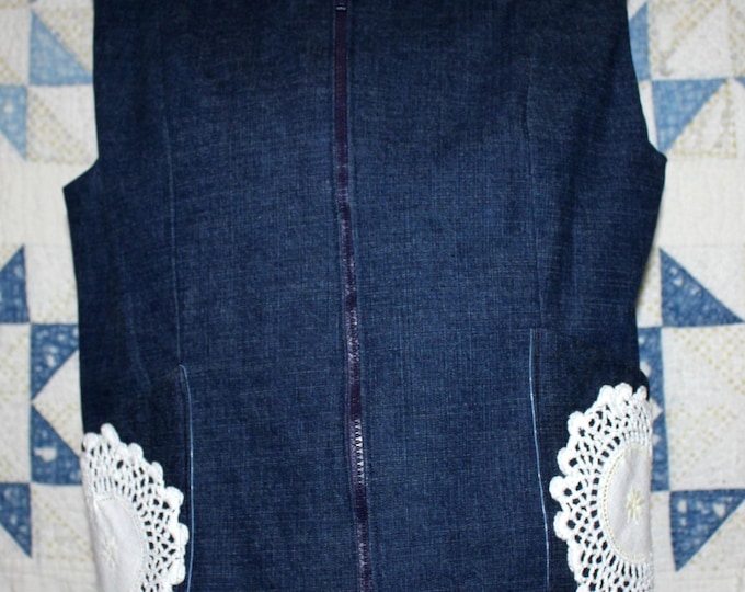 HALF PRICE ** Denim and Lace Zip Front Vest. Ladies Size M Fitted Vest with Romantic Vintage Lace Accents