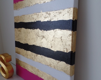 Kate Spade Inspired Acrylic Painting Canvas Pink, white, black, gold leaf, preppy, trendy, fashion decor, stylish wall art, glam, dorm decor