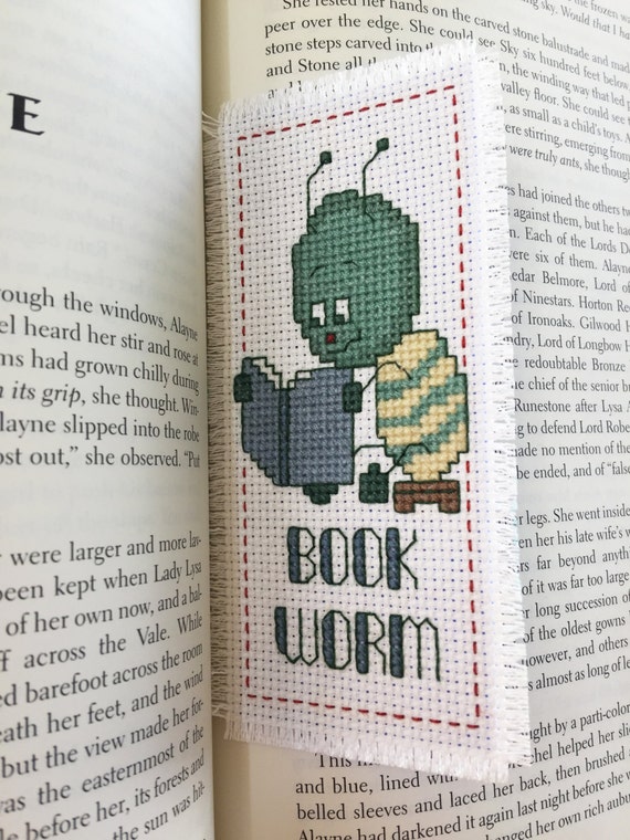Finished Cross Stitch Bookmark Bookworm Cross