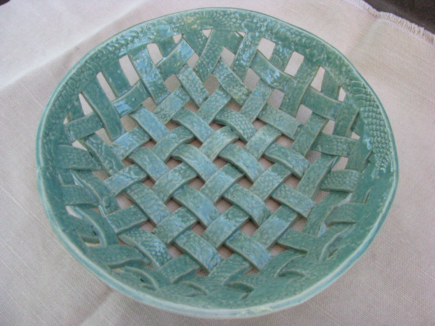 ceramic basket woven clay light green glaze large bowl