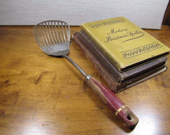Vintage Red Wooden Handle Thingamajig - Slotted Utensil