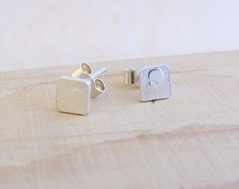Sterling silver square stud earrings with etched polka dot pattern, odd, mis matched pattern, cute, unusual