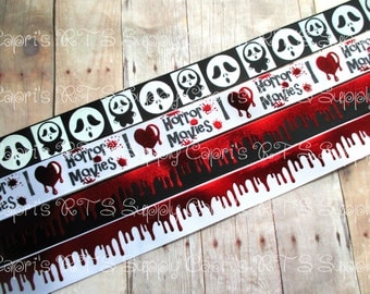 7/8" I Love Horror Movies Scream Inspired Halloween Scary Movies Gore Bloody Blood Drip US Designer Grosgrain Ribbon