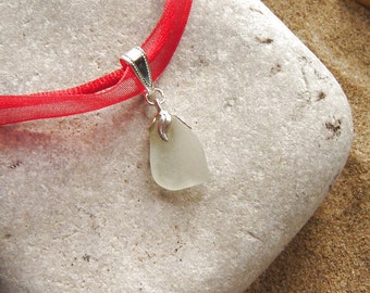 Sea Glass Necklace, Red Necklace in English White Sea Glass, Red Organza Ribbon Pendant, Seaglass Jewelry, Hand Made, OOAK, Christmas Gifts
