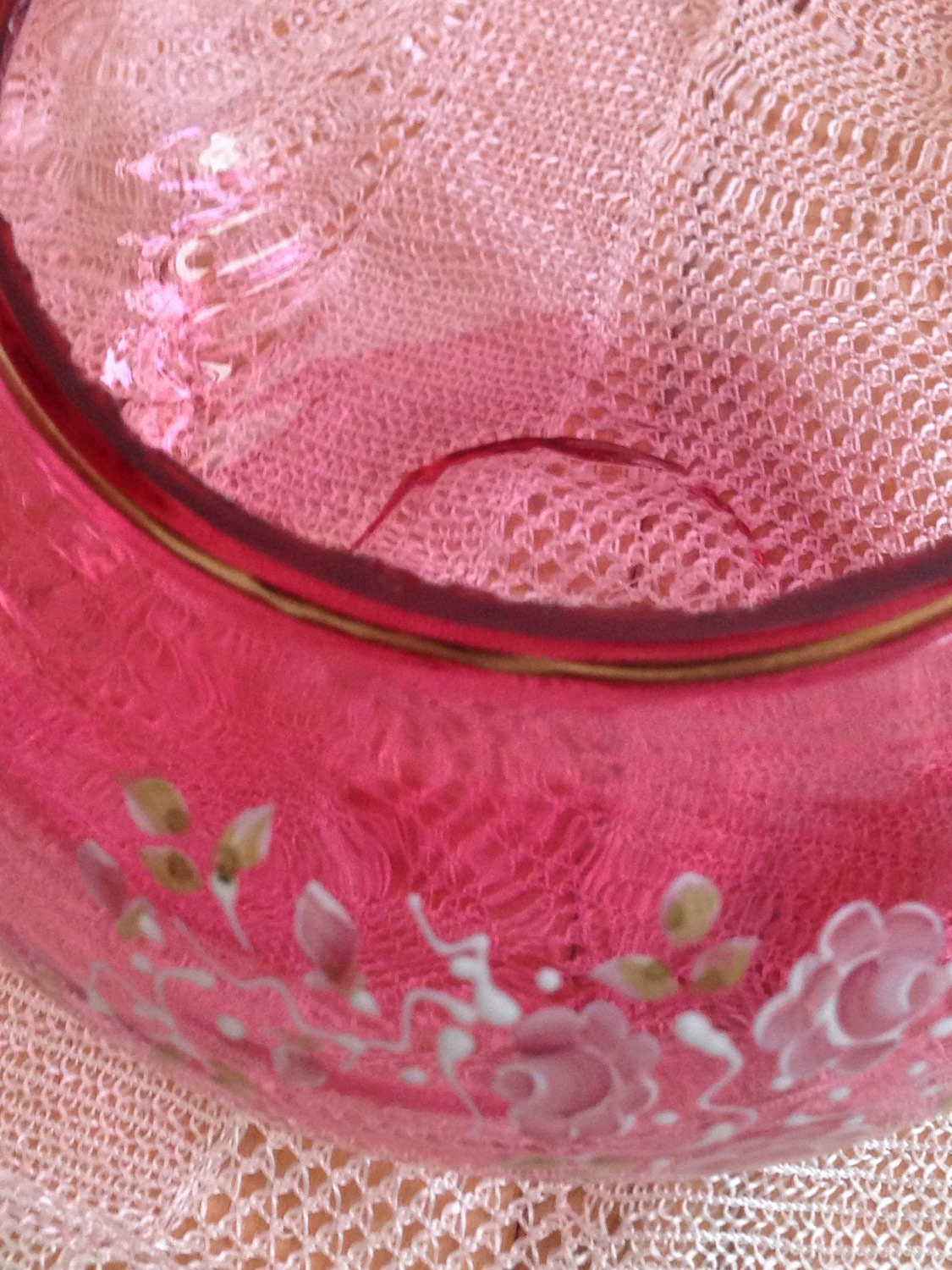 Vintage Fenton Cranberry Candy Dish Hand Painted Rose Artist