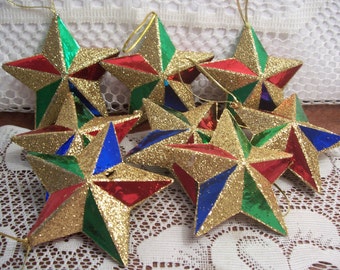 Eight Hard Plastic Multi-Color Star Christmas Ornaments
