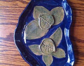 Handmade Ceramic Soap Dish in Blue with Green Leaves