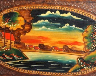 Vintage Hand Painted Landscape Pyrography Wood Box