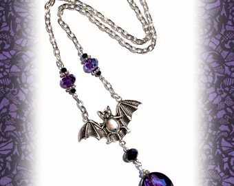 Silver Vampire Bat Gothic Necklace with Purple Crystal-Cut Bead Pendant