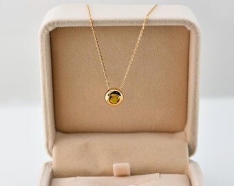 Solid 18K Yellow Gold 5mm Round Shape Natural Citrine Pendant with Chain Necklace
