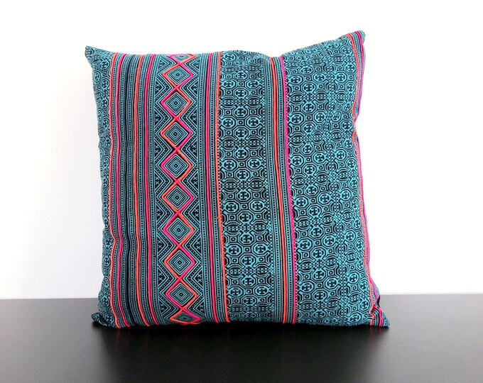 Hmong Vintage Batik Cushion Cover, Tribal Throw Pillow Case, Blue Teal Hill Tribe Tradition Ethnic Textile Case