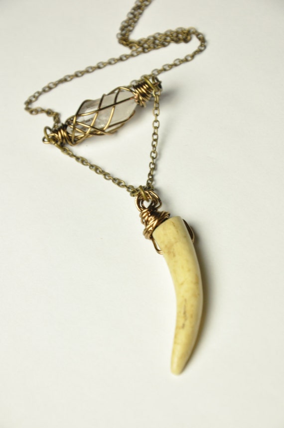 Deer antler necklace. Animal bone jewelry. Wire wrapped quartz