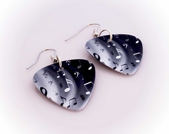 Music Note Guitar Pick Earrings - "Night & Day Notes" Design